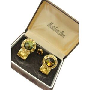 Hutchins Bros. Mesh Cufflinks Set Gold Tone Stones Wedding Accessories Vintage